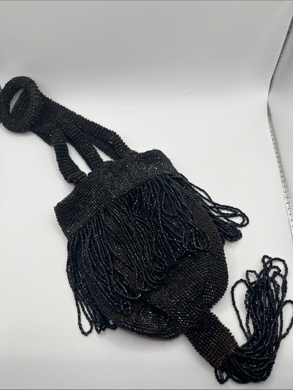 Exquisite Antique 1920s Art Deco Black Glass Beaded Loop-Handle Purse